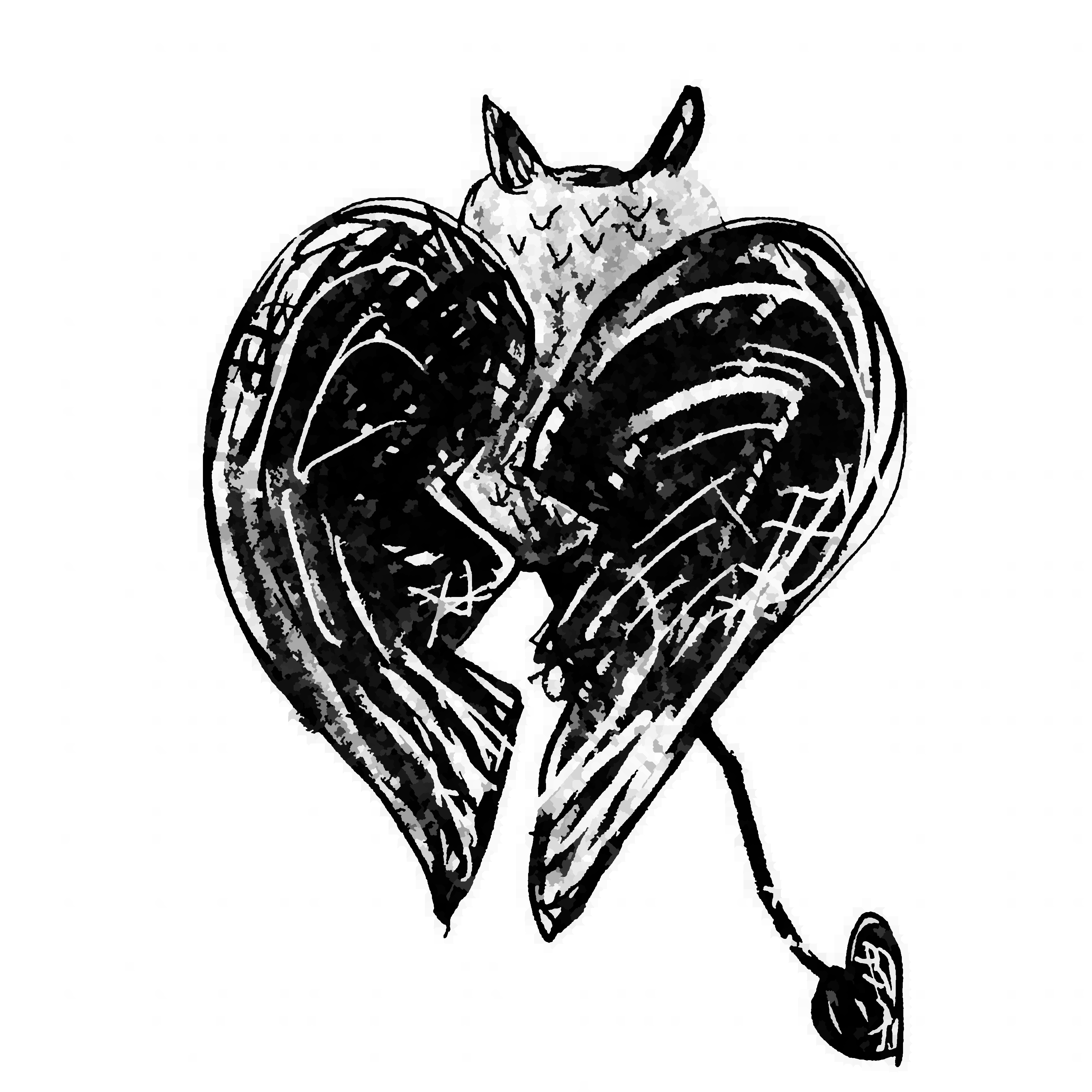 an owl with broken heart wings and a devil tail, from the back.