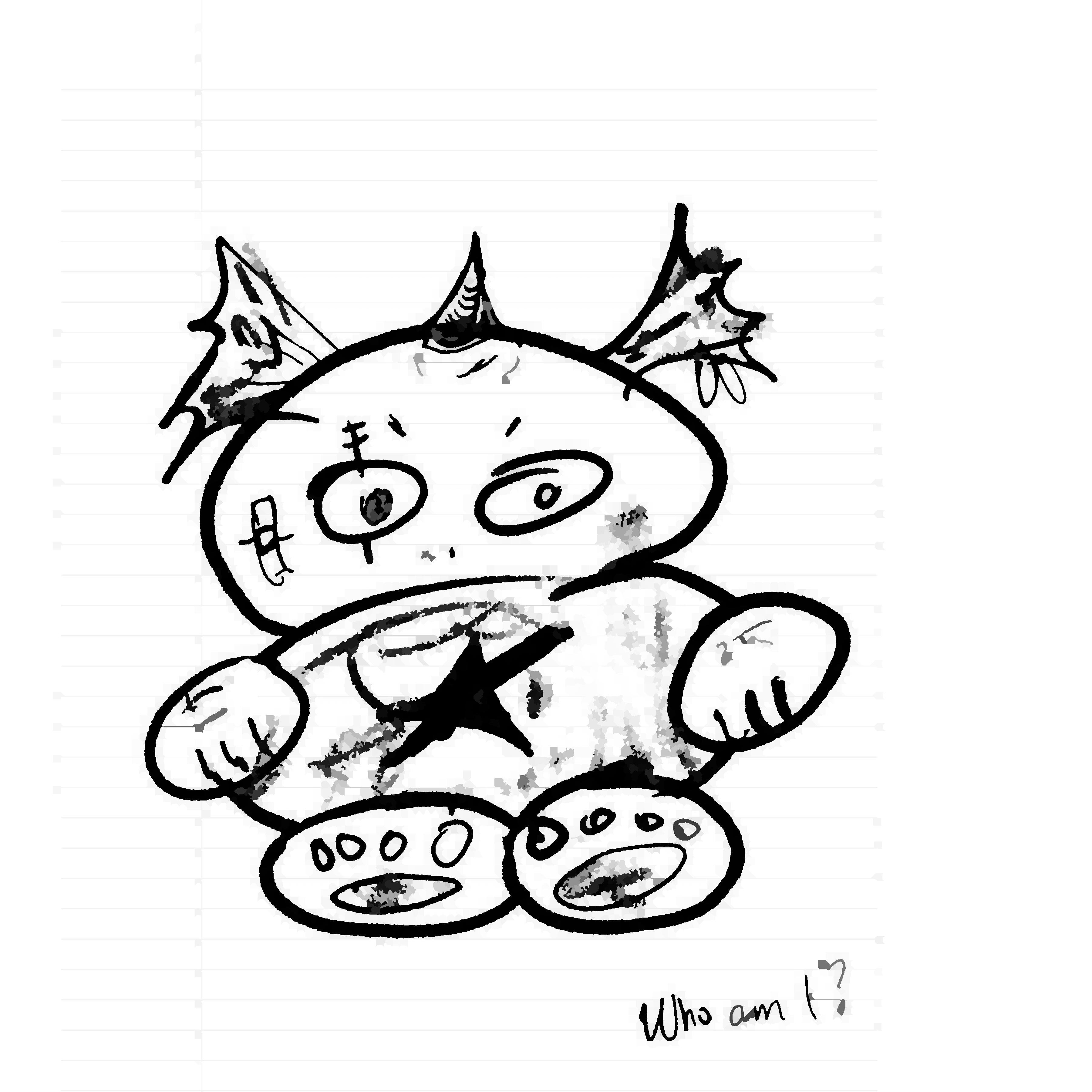 A clown looking sea creature guy with a star belly and bear paws looking a little shy.