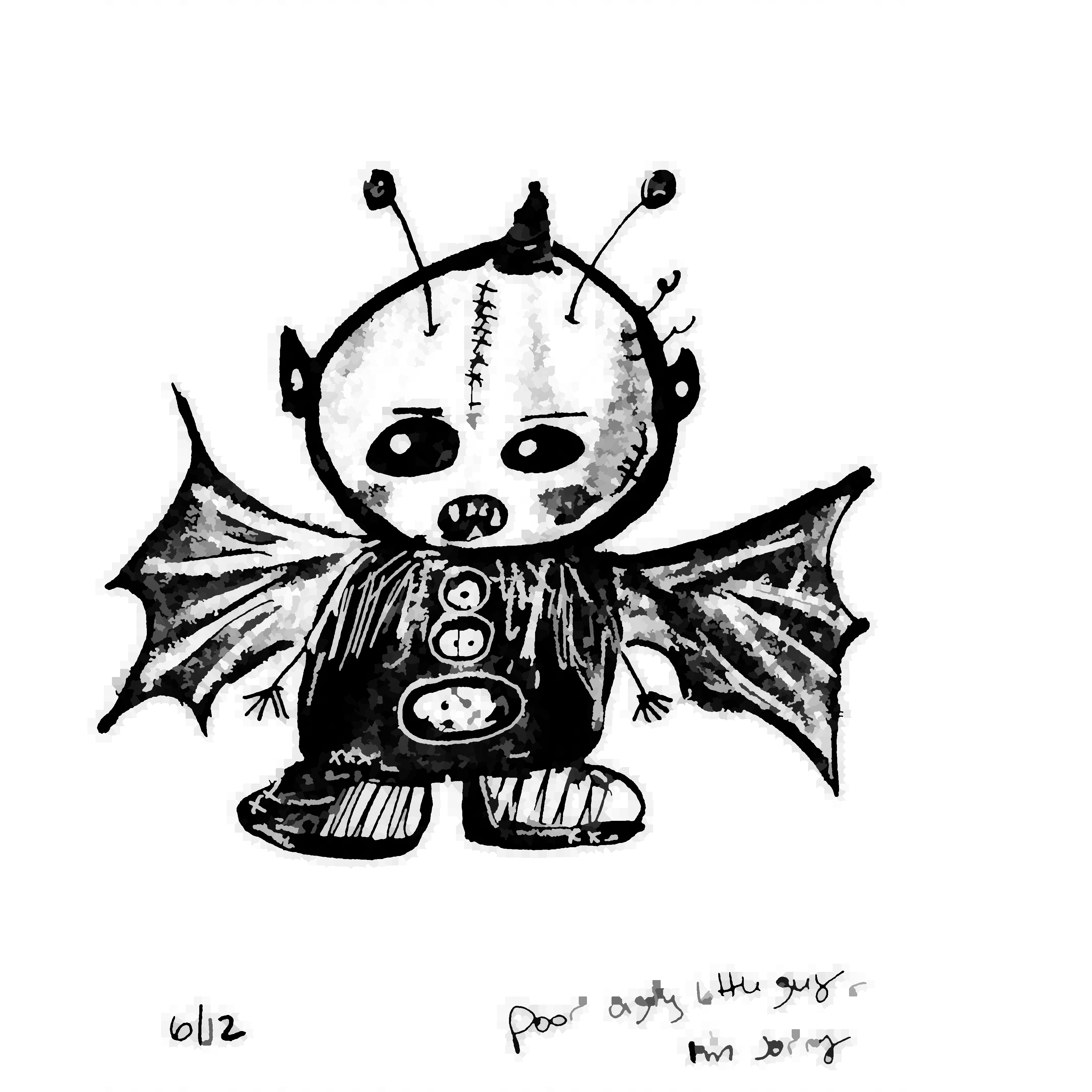 Sharp teeth, antenna, a horn, horrible wings, and shoes. Maybe some kind of elf or orc.