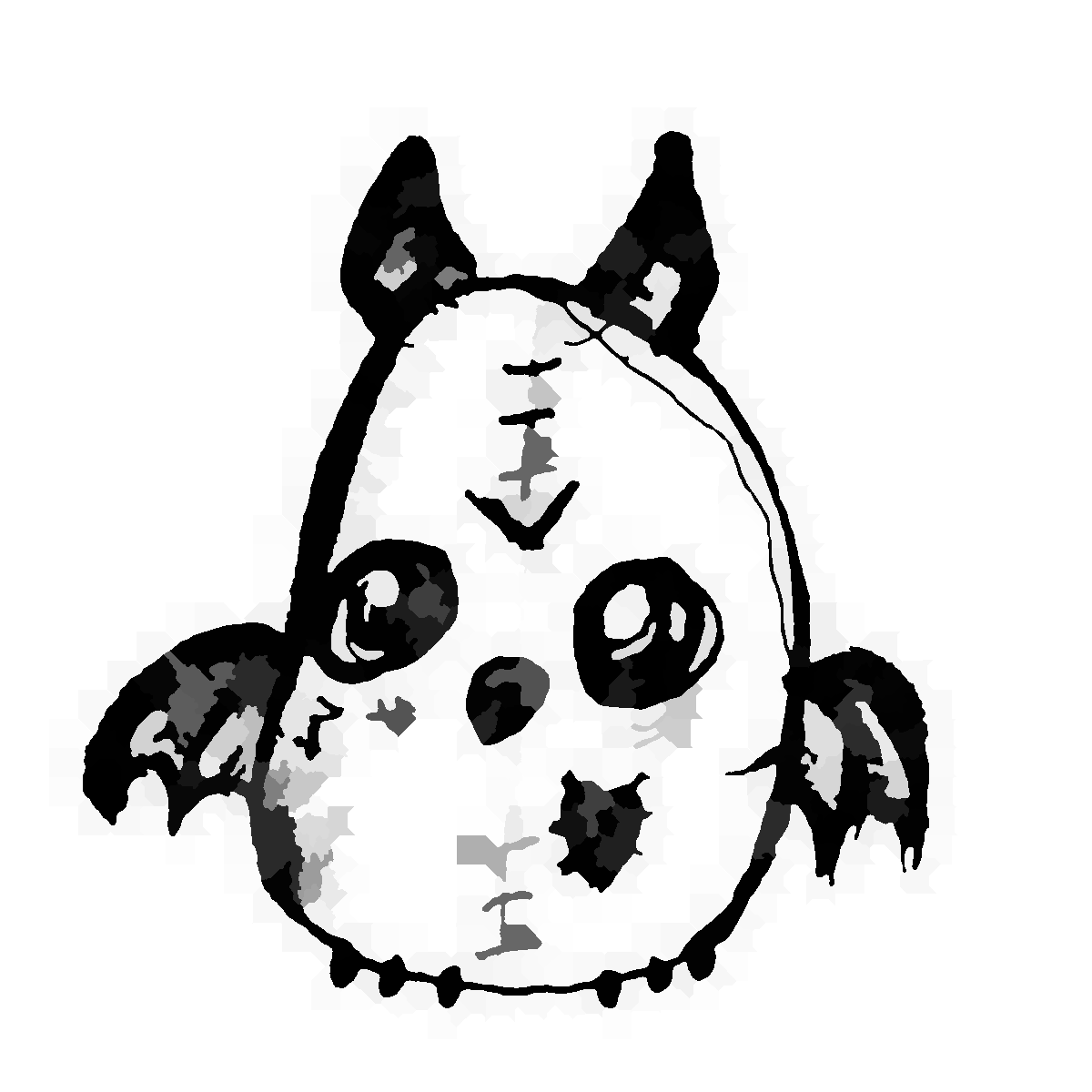 A drawing of a owl gargoyle that looks kind of like a ghost potato with little bat wings and horns