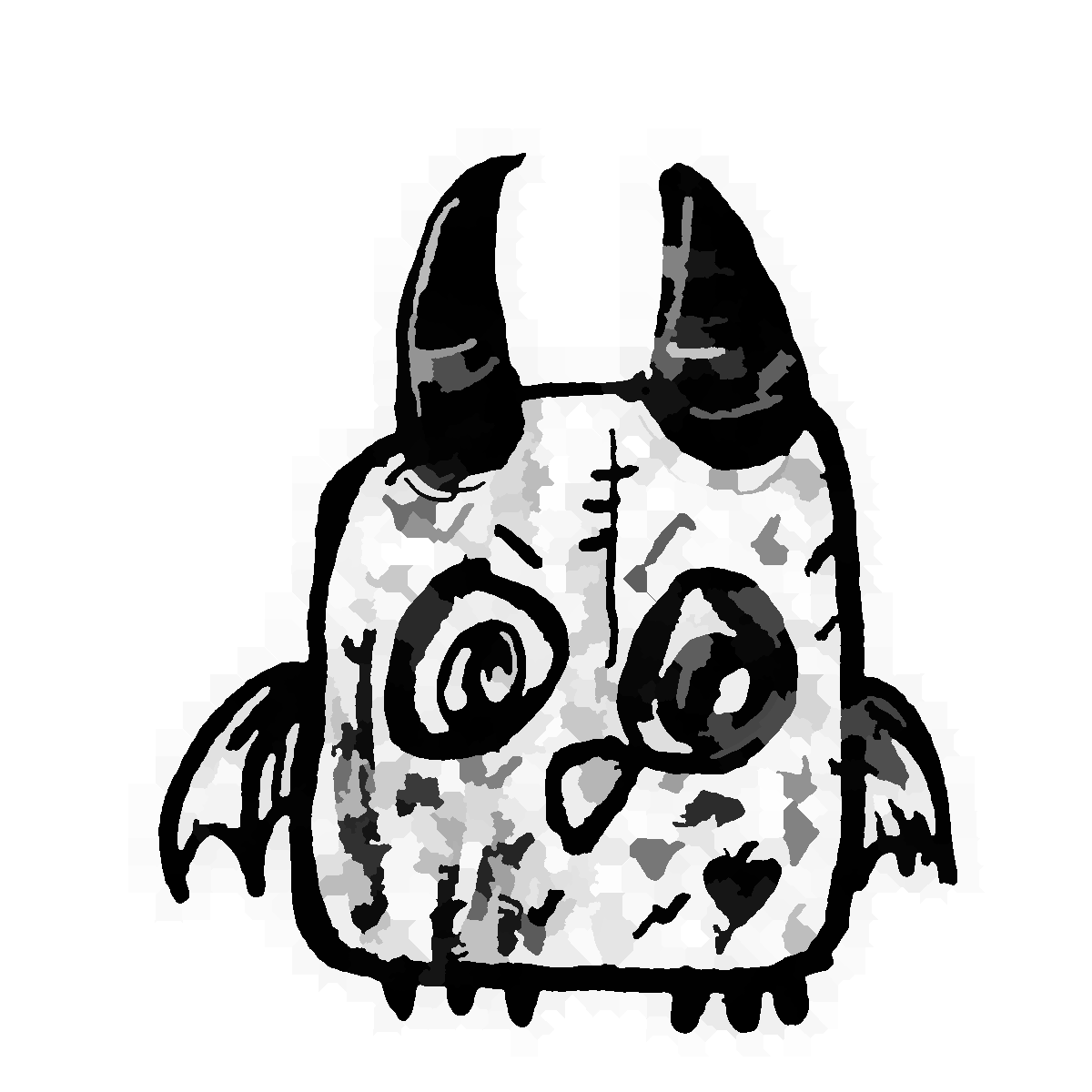 A squatty little owl gargoyle with horns and a scar
