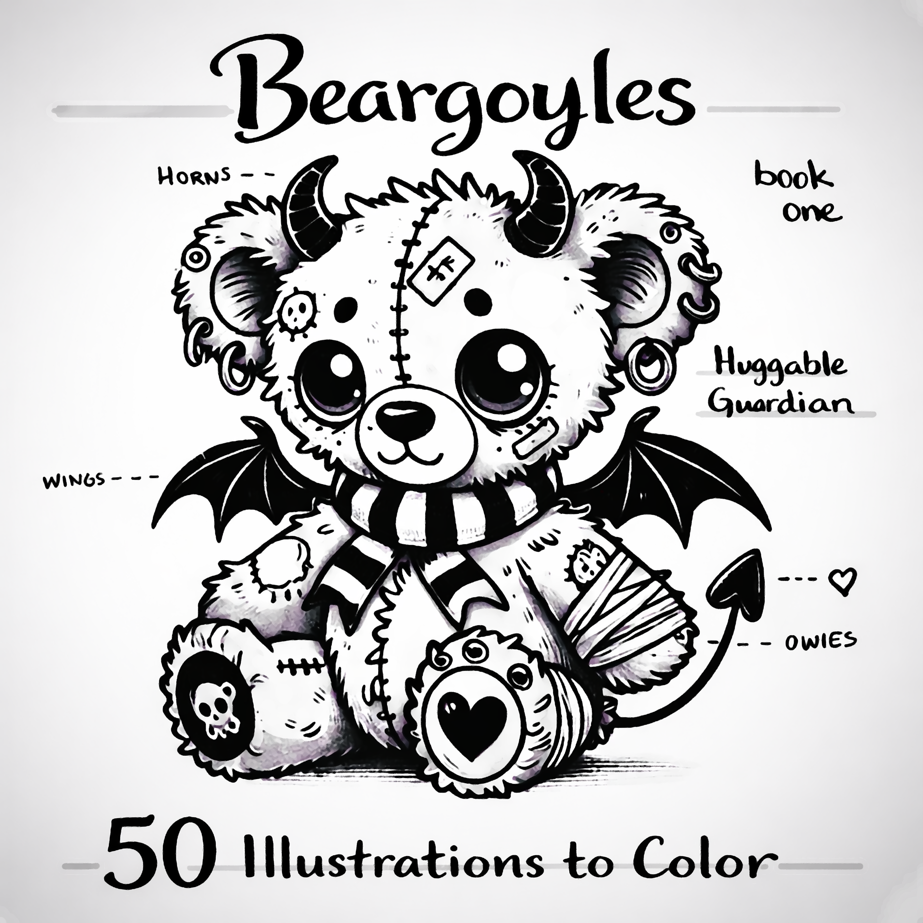 Coloring book cover featuring a teddy bear creature with wings, a devil tail, horns, a bandaged arm, a skull patch on one foot and a heart on the other. It reads "Beargoyles: 50 Illustrations to Color. Book 1."