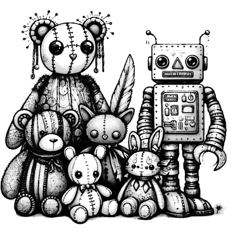 A family of toys that include a robot and various whimsical stuffed animals.