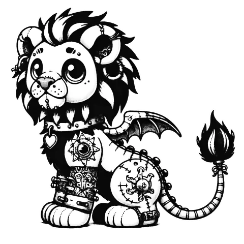 Beargoyle Lion #1710: A friendly lion gargoyle with striped hair, wings, a tail, tats, and shaved eye brows.