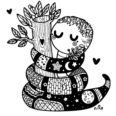 Patchwork snake hugging a tiny tree