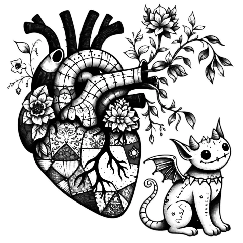 Flowery, patchwork heart and gargoyle creature