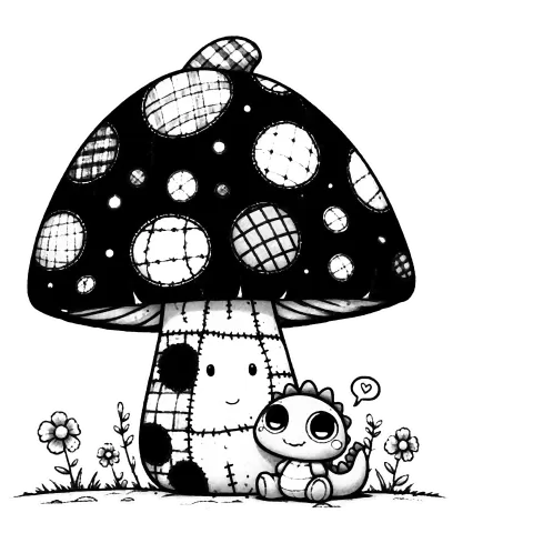 Large patchwork mushroom with a tiny dinosaur friend under it's umbrella