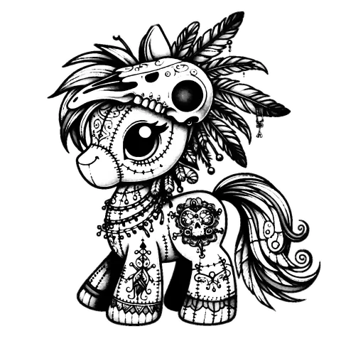 Tattooed pony with a skull and features on it's head.