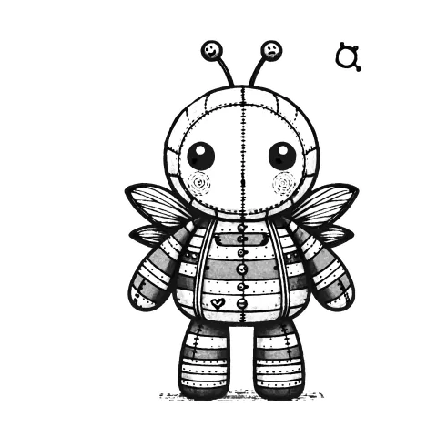 Patchwork bee with a little heart and antennae with a smily face and a frown face on each one.