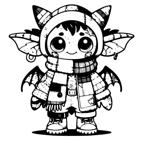 Gargoyle snow elf in a scarf and hat that covers their horns