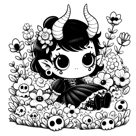Girl Gargoyle in a field of flowers and skulls #1203