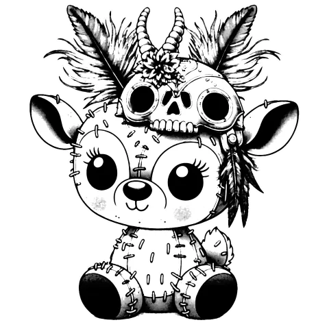 LIttle stitched deer with a hat made from skulls and feathers. The skull hat has horns on it.