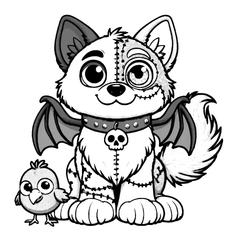 Stitched dog with wings and a skull dog tag and his bird homie.