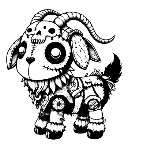 Patchwork goat wearing a skull on his head