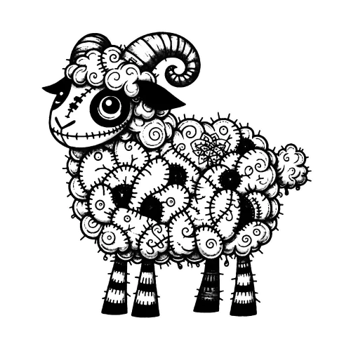 Whimsical striped and patched sheep with horns.