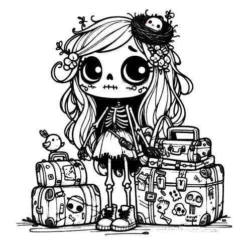 Skellie traveler with luggage, and a bird nest in her long hair.