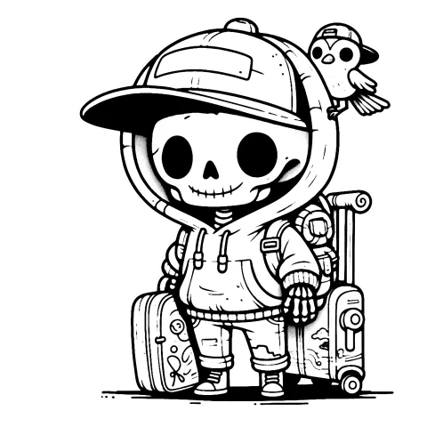 Skellie Travler's boyfriend, with a baseball cap and a little bird wearing a backwards baseball cap.