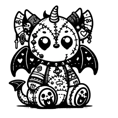 A gargoyle with happy faces on it's feet, big decorated ears, and horns with leather straps. Their wings are covered in hearts and they are wearing a spiked collar.