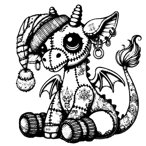 Giraffe Gargoyle with a long beanie and socks, tattoos and piercings.