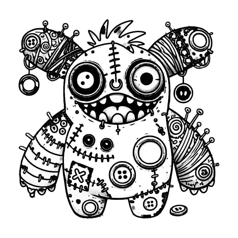 Crazy-looking gremlin covered in holes and buttons.