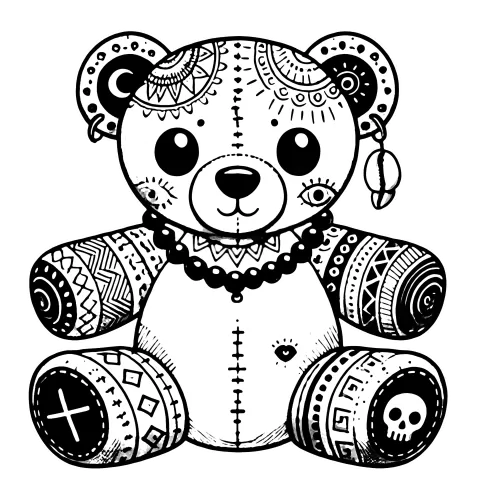 Decorated teddy bear with a cowrie shell earring, and several bands of African diasporic and boho/folk inspired tattoo.