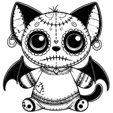 A tiny wild cat Gargoyle plushie with piercings, tats, wings, and skulls.