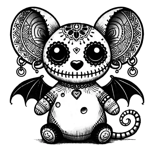 Tattooed mouse gargoyle with a stitched smile and swiss cheese holes on his belly. 