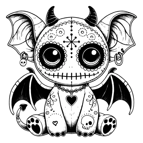 Masked gargoyle creature with tattoos and piercings.