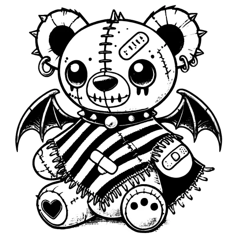 Teddy bear gargoyle (beargoyle) with bandages in a poncho #1722. He has one heart tattoo on his right foot and a spiked choker and ears. 