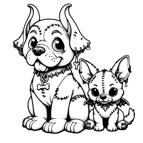 Stitched zombie dogs with cute collars. The small one has big ears and wings.