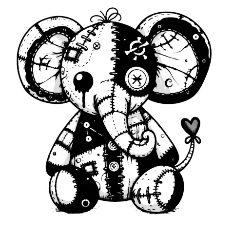 Patchwork elephant with stitches and buttons and a heart tail. 