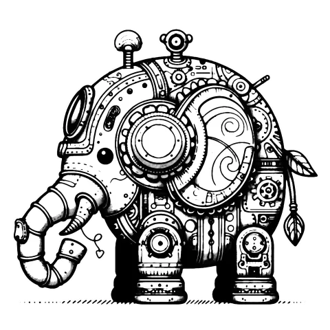 A mechanical elephant with a little camera on top and a leaf tale
