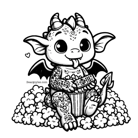 A gargoyle holding a remote control and sitting on a pile of popcorn as they are eating it with their tongue hanging out.