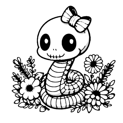 A skellie snake with a little bow on her head in a patch of flowers.