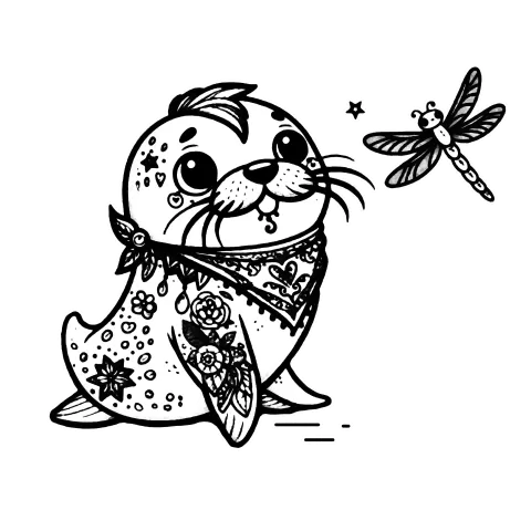 A tattoed walrus with a bandana looking at it's cute dragon fly friend.