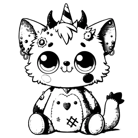 Black and white illustration of a cat gargoyle stuffed animal with a chicken tattoo and horns #0050
