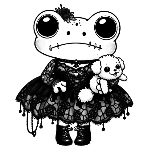 Gothy frog in a black lacy dress holding their little white fluffy dog.