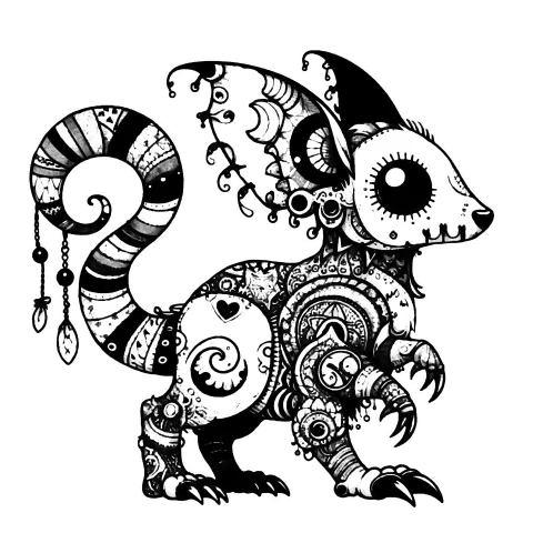 A masked rat with large pierced ears and a striped tail. It has five legs and ornaments hanging from it.