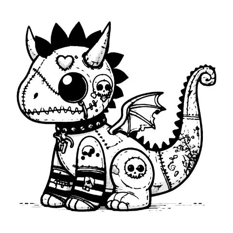 Dracosaur dinosaur dragon gargoyle creature with a stitched heart on it's head, stappy boots, some tattoos on it's body and tail.