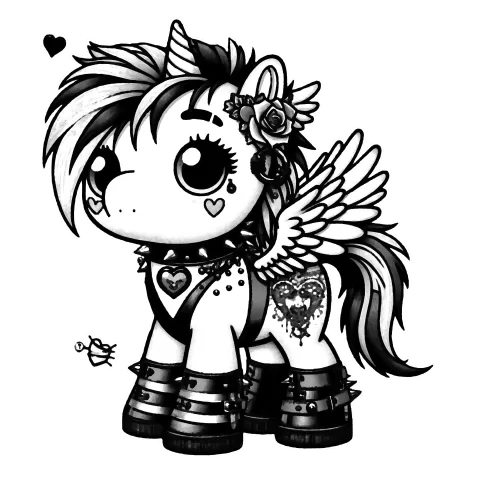 A flying unicorn pony with spiky choker necklace, little heart tattoo under her eye. a rose in her ear, and strappy shoes. She also has a fancy heart tattoo on her back.