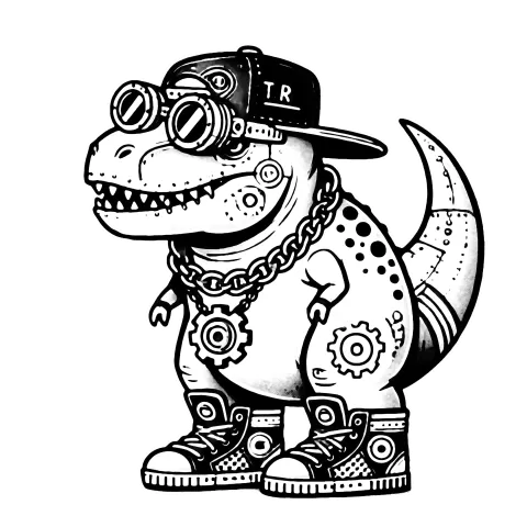 Cool T-rex with chucks and a backwards hat, sun goggles and a chain necklace with a gear on it.