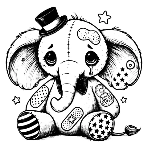 A coloring book page of a sad elephant clown with some bandaids, one of which is shaped like a peanut. It has a top hat and star tattoos.
