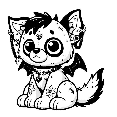 Patched up dog with chains and piercings, tattoos and a heart tag.