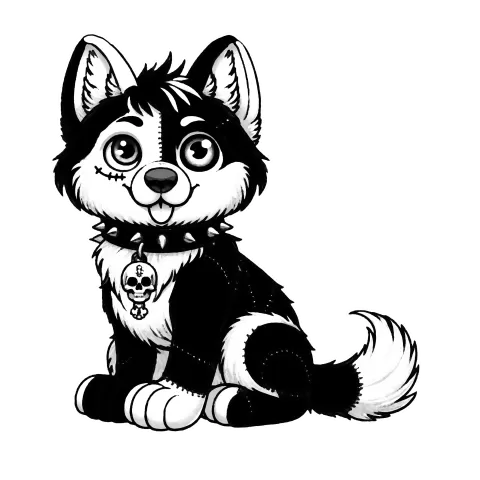 A black and white stitched up zombie husky dog
