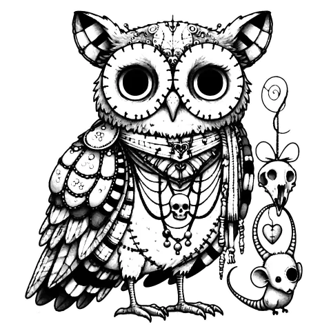 Bohemian owl with a skull necklace and a mouse friend holding up a little decorated skull.