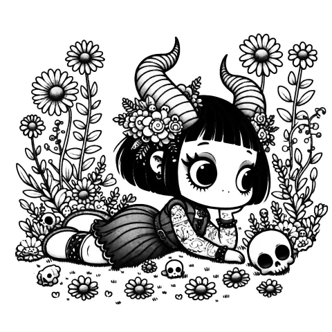 Girlish gargoyle in a field of flowers and skulls #1306
