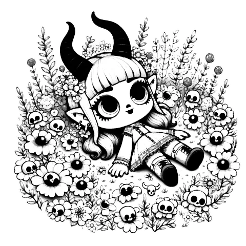 Girlish gargoyle in a field of flowers and skulls #0014
