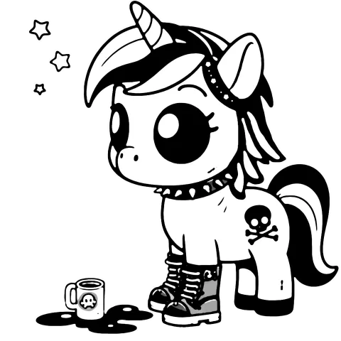 Beargoyle pony with spilled coffee and a little skull and cross bones tattoo, spiked collar, and combat boots.