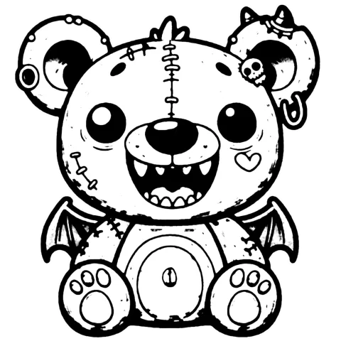 The first beargoyle with a toothy grin and a mischievous expression. They have a couple spikes on their ears and little wings.