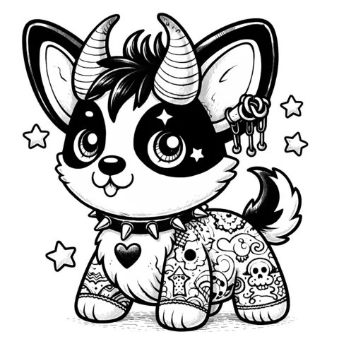 Corgie Gargoyle with horns and tattoos